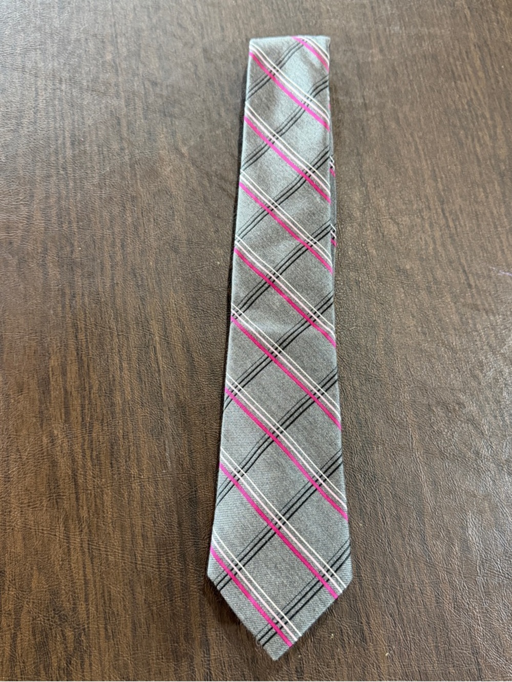 Express Gray Tie with Pink and Black Plaid Stripes 100% Silk